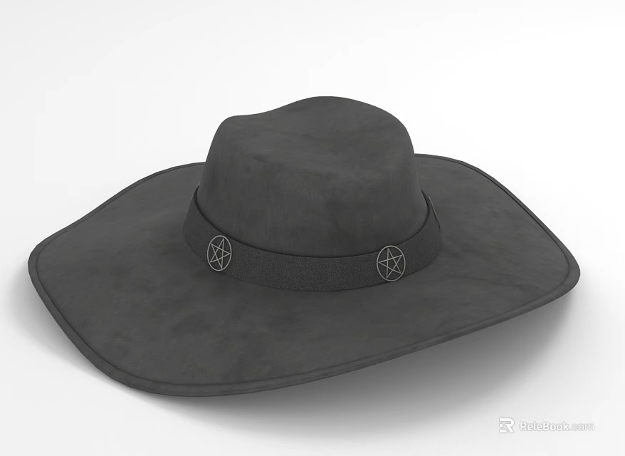Black Wide Brim Hat With Decorative Band And Hexagon Patterns 3d model 