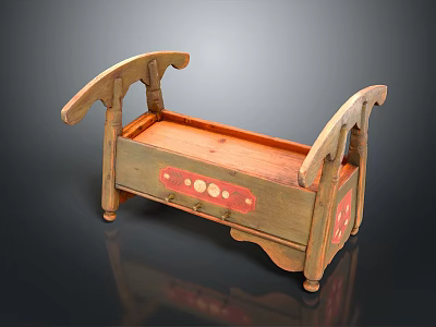 Vintage Wooden Baby Crib With Carved Headboard And Hand Painted Red Patterns 3d model