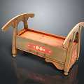 Vintage Wooden Baby Crib With Carved Headboard And Hand Painted Red Patterns