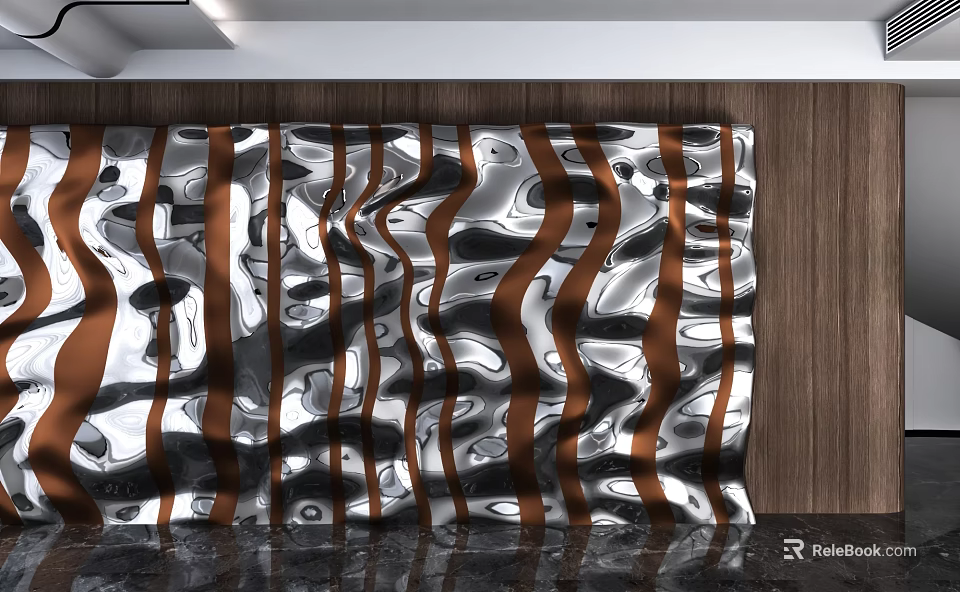 Modern Decorative Background Wall With Wavy Silver Black Brown Stripes And Metallic Texture 3d model 