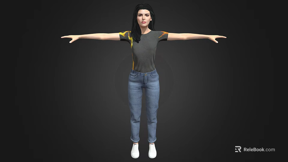 3D Female Character Wearing Gray T-shirt Yellow Black Sleeves Blue Jeans White Shoes Arms Outstretched 3d model 