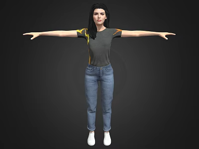 3D Female Character Wearing Gray T-shirt Yellow Black Sleeves Blue Jeans White Shoes Arms Outstretched 3d model