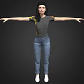 3D Female Character Wearing Gray T-shirt Yellow Black Sleeves Blue Jeans White Shoes Arms Outstretched