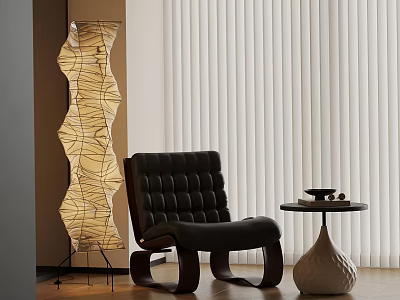 Modern Living Room Interior With Tufted Black Armchair Wavy Floor Lamp And Ceramic Side Table 3d model