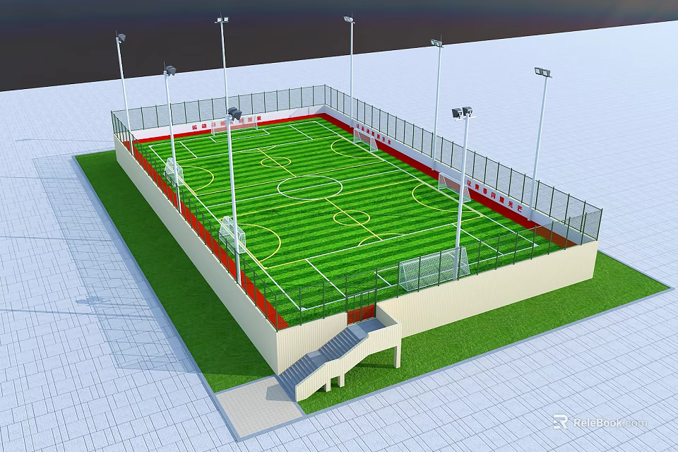 Soccer Field With Green Grass Fence Floodlights Goalposts And Staircase Entrance 3d model 