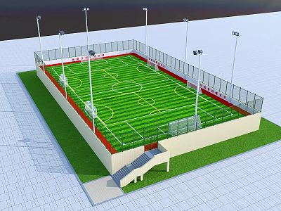 Soccer Field With Green Grass Fence Floodlights Goalposts And Staircase Entrance 3d model