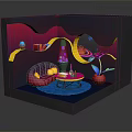 Vibrant 3D Cartoon Scene With Curved Shapes Purple Bottle Round Cushion And Red Plant