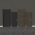 Various Hinged Doors in Gray and Wooden Finishes with Vertical Grooves and Metallic Handles