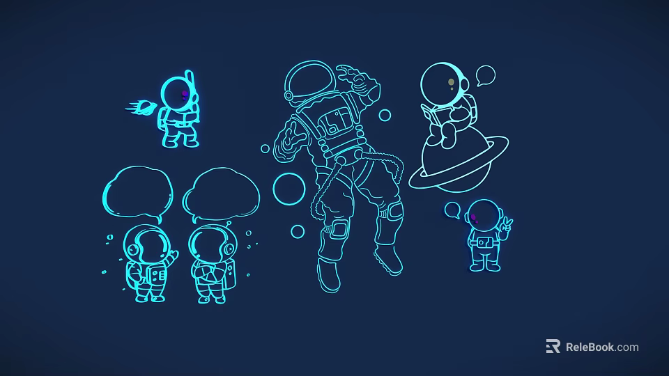 Decorative Lights With Blue Line Astronauts Planets And Bubbles On Dark Background 3d model