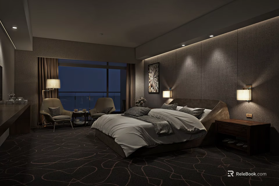 Hotel Guest Room Featuring King Bed Gray Upholstered Headboard Wall Lamps Armchairs and Night View 3d model 