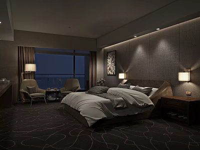 Hotel Guest Room Featuring King Bed Gray Upholstered Headboard Wall Lamps Armchairs and Night View 3d model