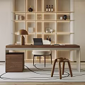 Modern Study Room Interior With Wooden Desk Laptop Table Lamp Shelves Plant And Large Windows