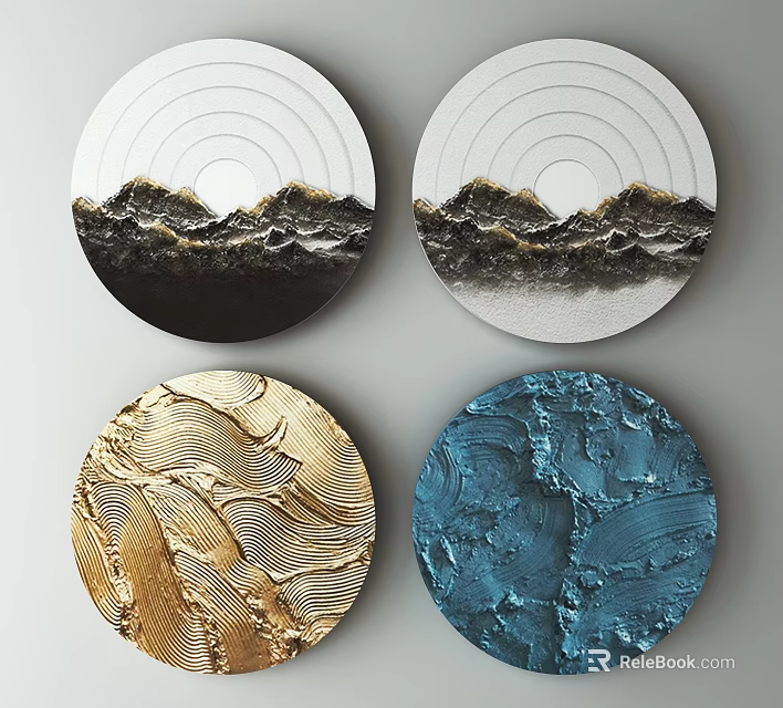 Artistic Circular Frame Paintings With Textured Mountain Wave Patterns In Gold Blue Black White 3d model