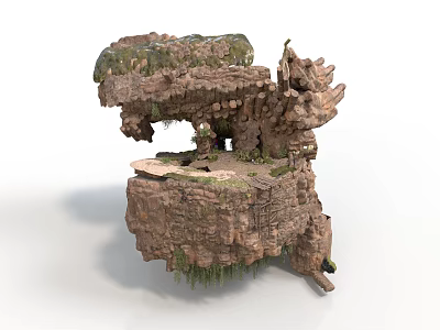 Floating Rock Scene Structure With Moss Covered Surface Stone Platform And Natural Plants 3d model