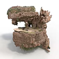Floating Rock Scene Structure With Moss Covered Surface Stone Platform And Natural Plants