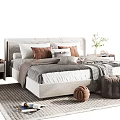 Cozy Modern Double Bed Interior With Plush Pillows Wooden Nightstand Soft Rug And Decorative Stools