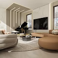 Modern Living Room With Brown White Sofas Round Coffee Table Rug And Plants