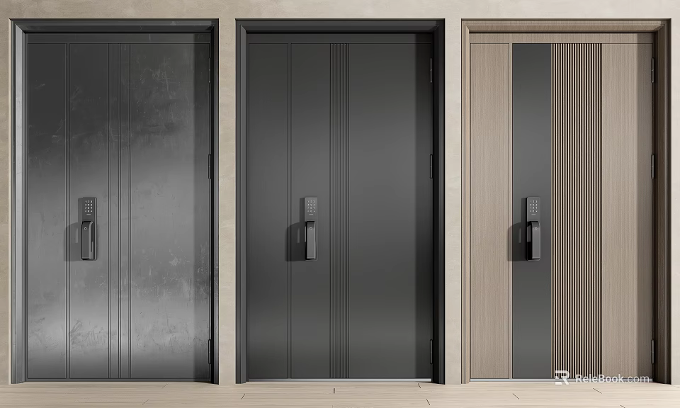 Modern Security Doors Featuring Metal And Wooden Panels With Secure Locks And Handles 3d model 