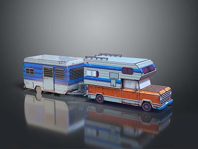Colorful Recreational Vehicles With Blue Orange Camper Trailer Motorhome White Stripes And Roof Rack 3d model
