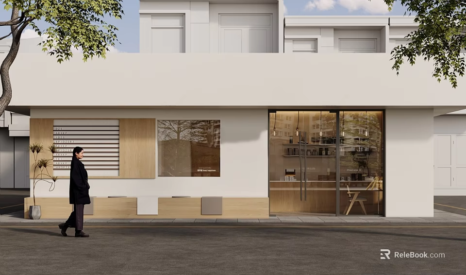 Modern Minimalist Storefront With White Walls Glass Doors Wooden Blinds And Accents 3d model 