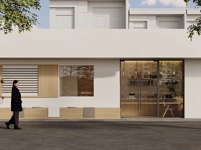 Modern Minimalist Storefront With White Walls Glass Doors Wooden Blinds And Accents 3d model