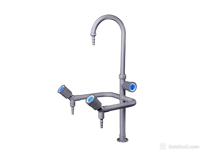 Gray Laboratory Faucet With Swivel Spout Multiple Outlets And Blue Knobs 3d model 
