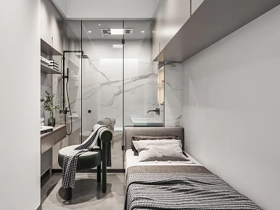 Modern Minimalist Bedroom Interior With Glass Shower Partition And Marble Accents 3d model