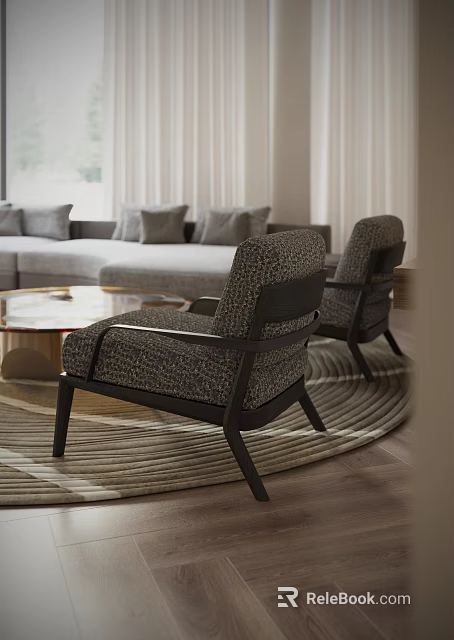 Modern Comfortable Lounge Chair Living Room Interior With Wooden Frame Textured Fabric And Round Rug 3d model 