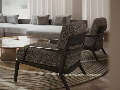 Modern Comfortable Lounge Chair Living Room Interior With Wooden Frame Textured Fabric And Round Rug 3d model
