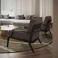 Modern Comfortable Lounge Chair Living Room Interior With Wooden Frame Textured Fabric And Round Rug