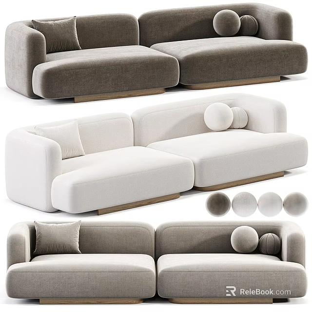 Modern Double Sofa With Gray White Upholstery Round Pillows And Wooden Legs 3d model 