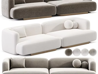 Modern Double Sofa With Gray White Upholstery Round Pillows And Wooden Legs 3d model