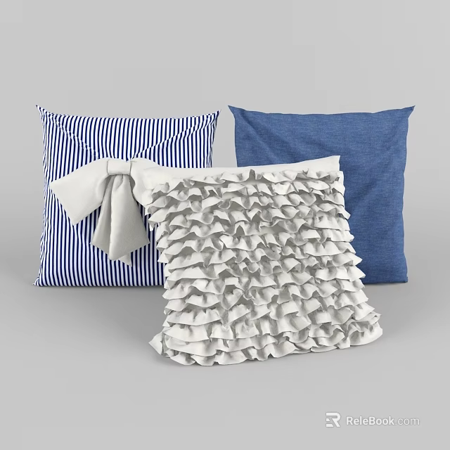 Decorative Throw Pillows Featuring Blue White Striped Solid Blue And White Ruffled Design 3d model 