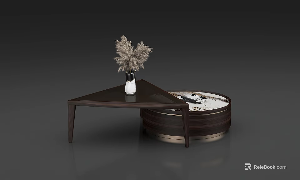 Triangular and Round Wooden Coffee Tables Featuring Vase With Dried Flowers 3d model