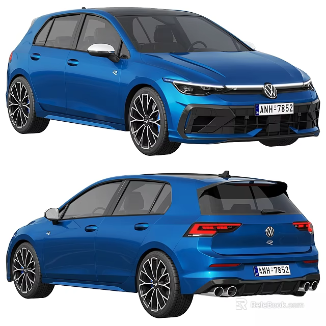 Blue Volkswagen Sporty Hatchback Car Front Rear Views With Alloy Wheels 3d model 