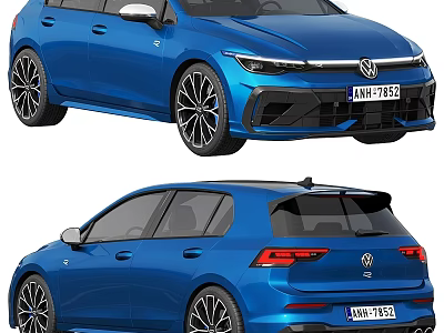 Blue Volkswagen Sporty Hatchback Car Front Rear Views With Alloy Wheels 3d model