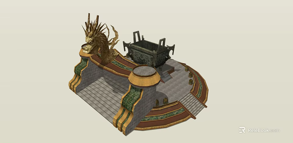 Ancient Stone Platform With Dragon Statue And Caldron Steps Design 3d model