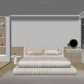 Modern Minimalist Bedroom Interior With Soft Bed Gray Striped Rug And Dressing Table Mirror