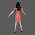 Stylish Woman In Red Short Dress With Puffed Sleeves And Black Heels Standing Gracefully
