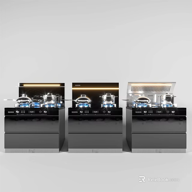 Modern Kitchen Appliances With Black Finish Glass Tops And Three Side By Side Units 3d model 