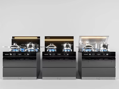 Modern Kitchen Appliances With Black Finish Glass Tops And Three Side By Side Units 3d model