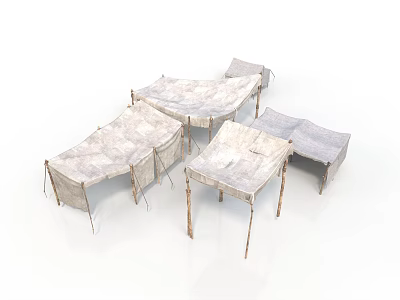Multiple Simple Fabric Tents with Wooden Support Frames and Canvas Covers 3d model
