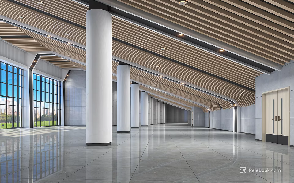 Spacious Modern Hotel Lobby With White Columns Wooden Ceiling And Polished Marble Flooring 3d model 
