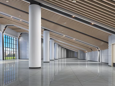 Spacious Modern Hotel Lobby With White Columns Wooden Ceiling And Polished Marble Flooring 3d model