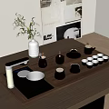 Elegant Modern Tea Set On Wooden Tray With Dark Brown Cups Teapot And White Vase
