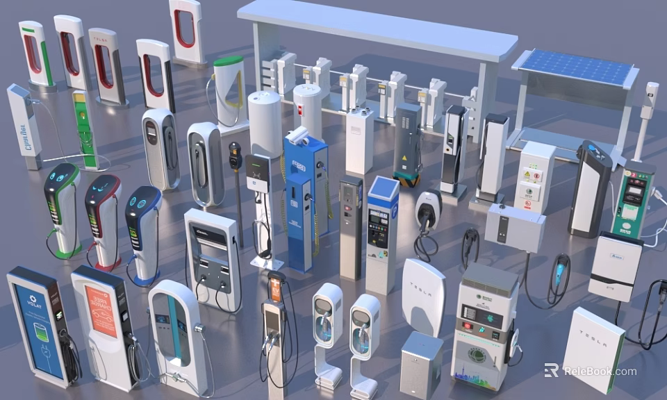 Diverse Modern Electric Vehicle Charging Stations With Assorted Designs And Styles 3d model