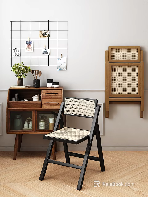 Natural Rattan Leisure Chair With Wooden Frame And Side Cabinet Plant Decor 3d model 