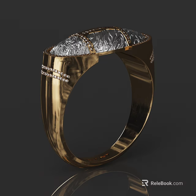 Luxury Gold Ring Crafted With Diamonds And Ornate Engraved Top Design 3d model 