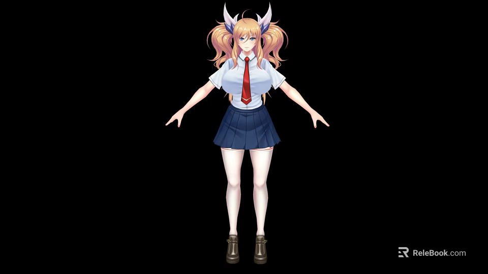 Game Movie Character With Pink Hair Horns White Shirt Red Tie Blue Skirt 3d model 