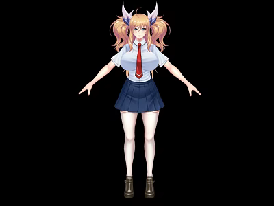 Game Movie Character With Pink Hair Horns White Shirt Red Tie Blue Skirt 3d model